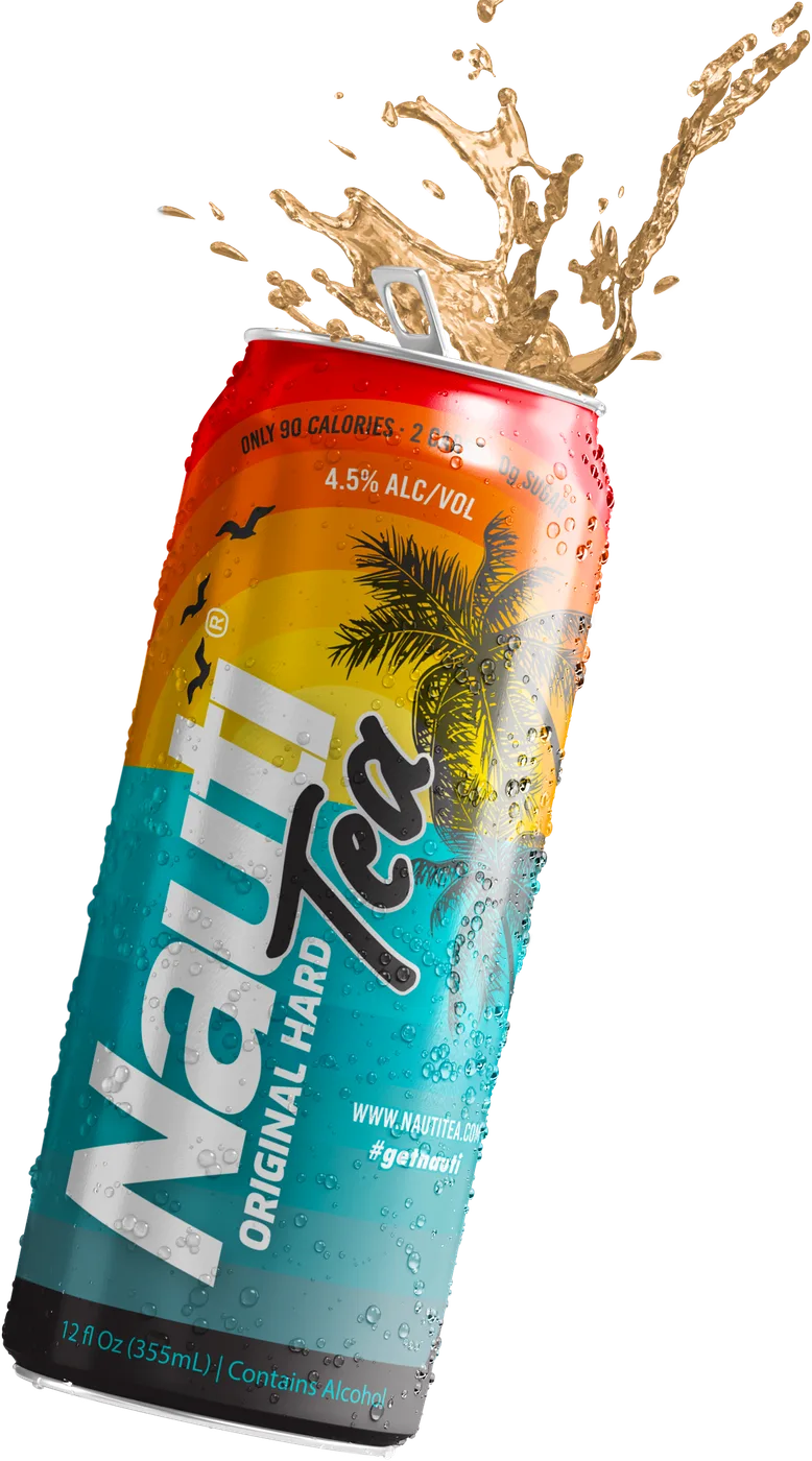 A slanted can of Nauti Hard Tea splashing iced tea