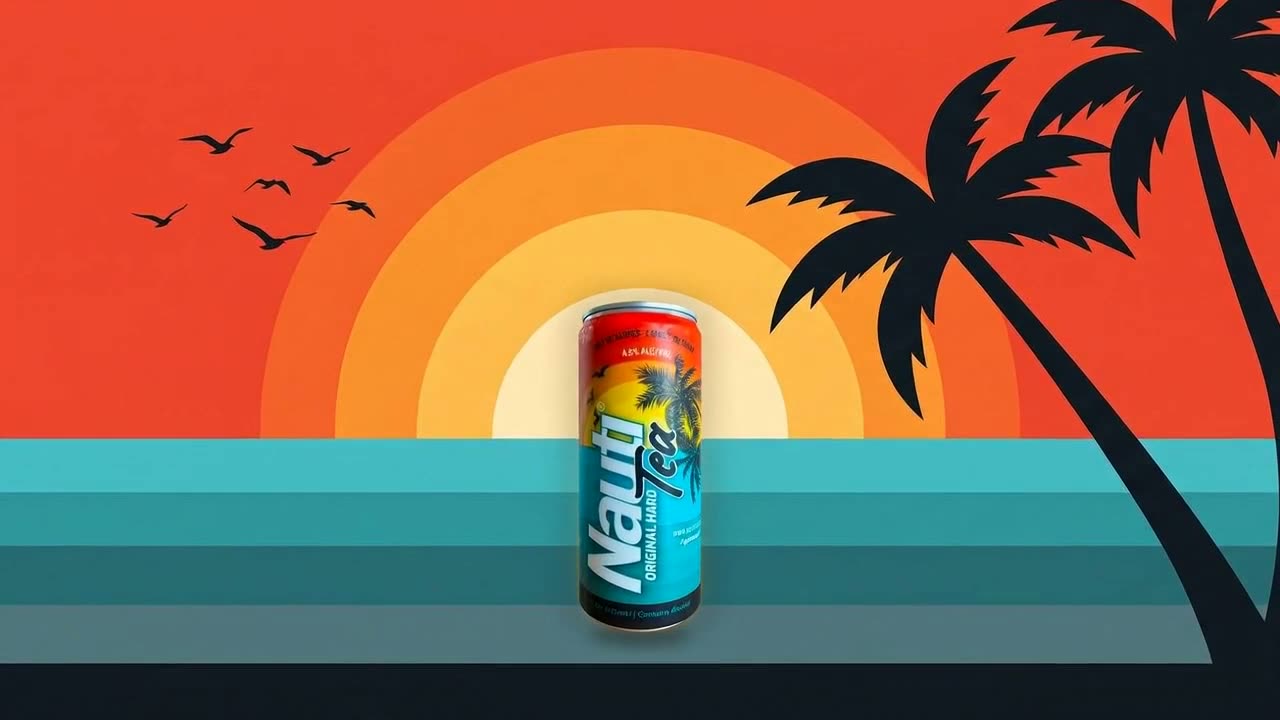 A can of Nauti Hard Tea standing in its illustrated label world at dusk